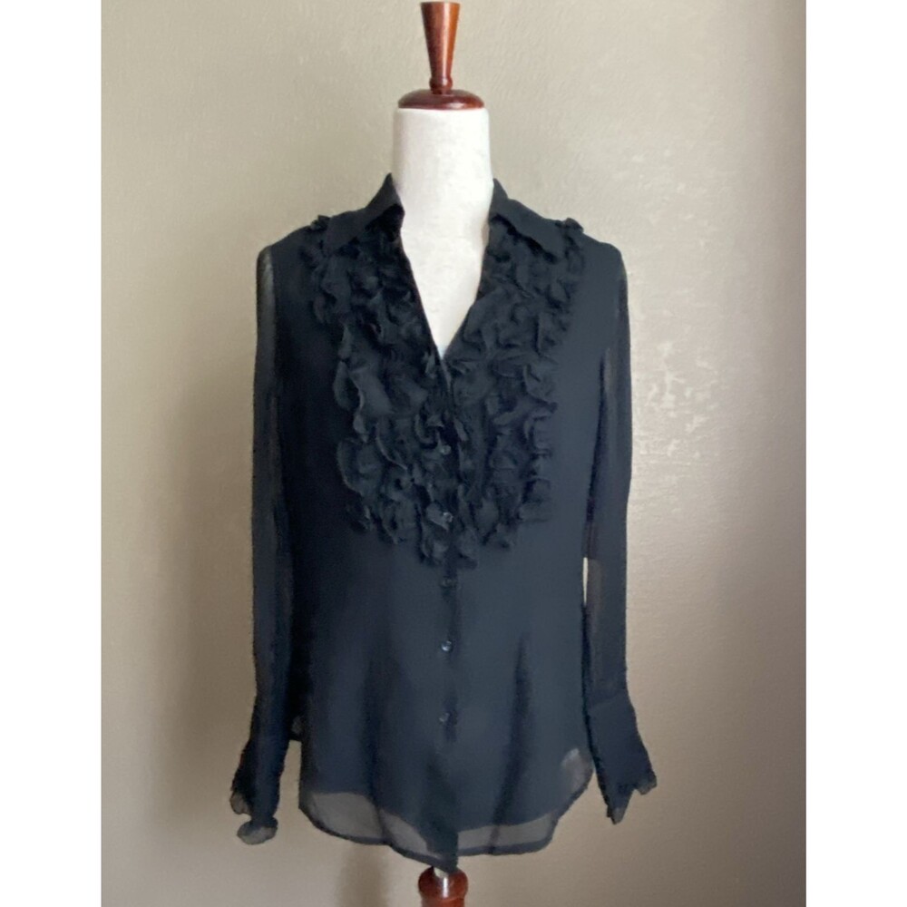 Coldwater Creek Women's Small Black Silk Blouse Ruffle Front 100% Silk Lined